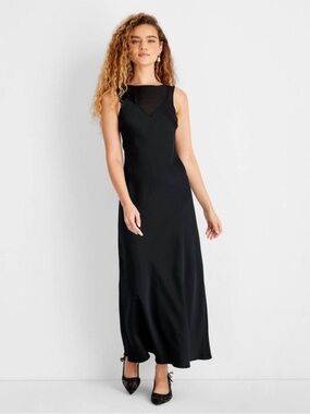 Future Collective - Women's Sleeveless Mixed Media Ankle Slip Dress Black Size L